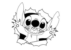 Stich emerges from the sheet (Lilo and Stitch Coloring Page)