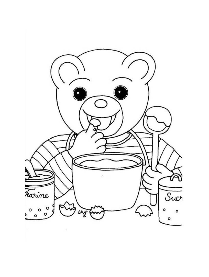 Coloring of Little Brown Bear who is preparing (and tasting) a good cake