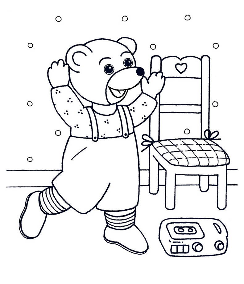 Coloring of Little Brown Bear singing and dancing to the sound of his cassette recorder