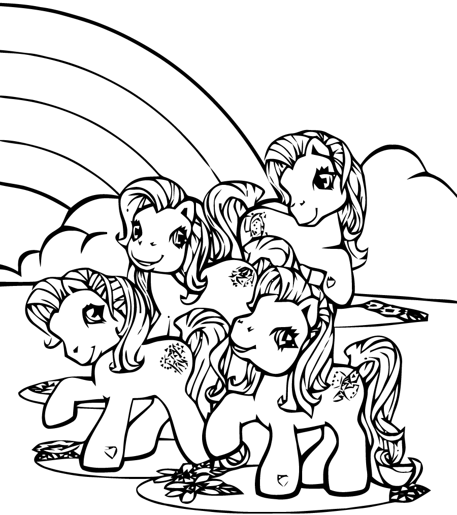 5 pretty little ponies in front of a rainbow