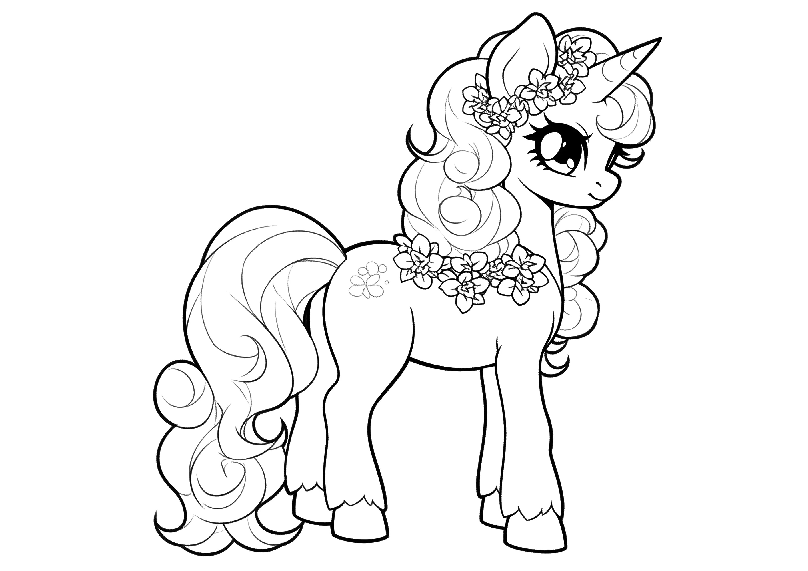 Little Pony with a flower necklace (Printable My Little Pony Coloring Page for Kids)