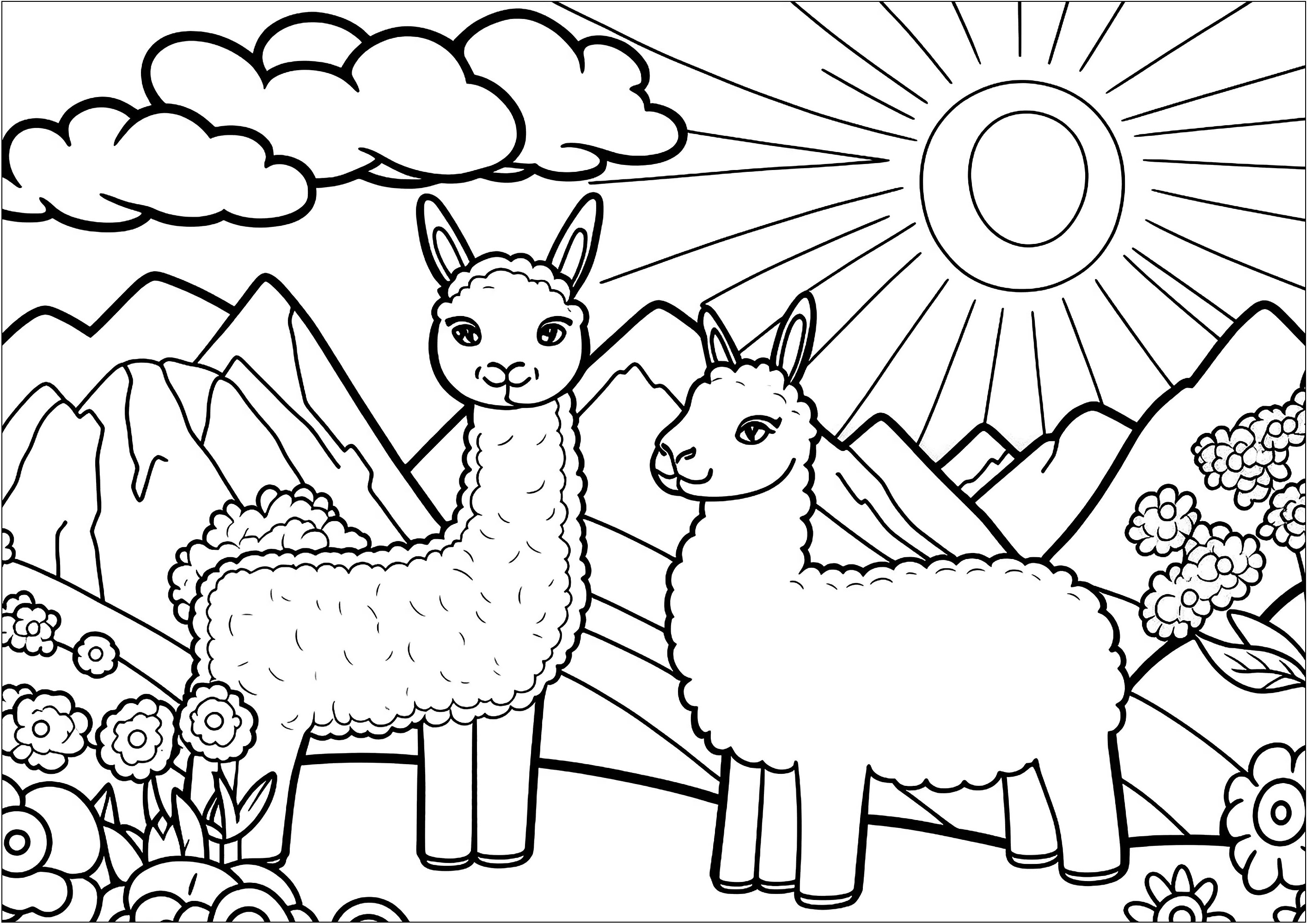 Two pretty llamas. A pretty coloring page with two llamas, but also beautiful mountains, a sun and clouds, as well as a few flowers.