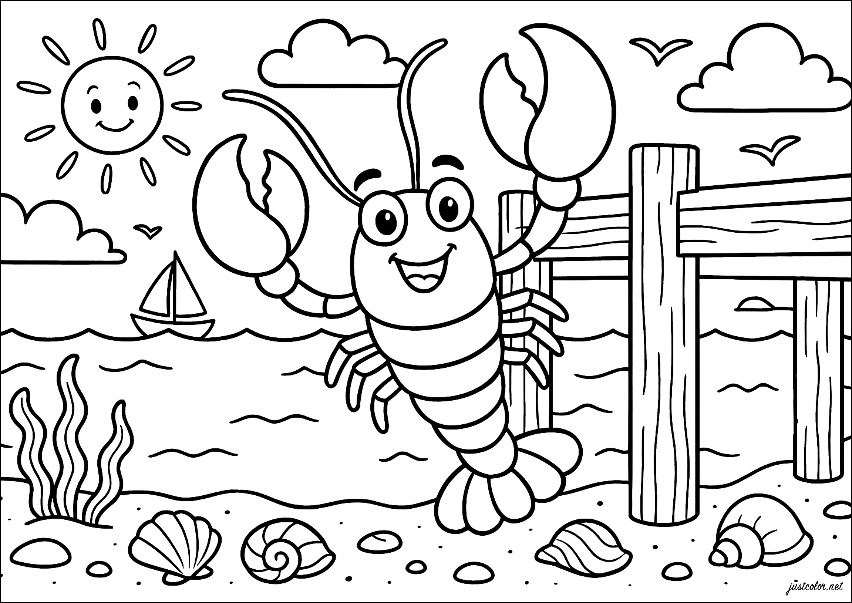 The happy lobster (Printable Coloring Page for Kids)