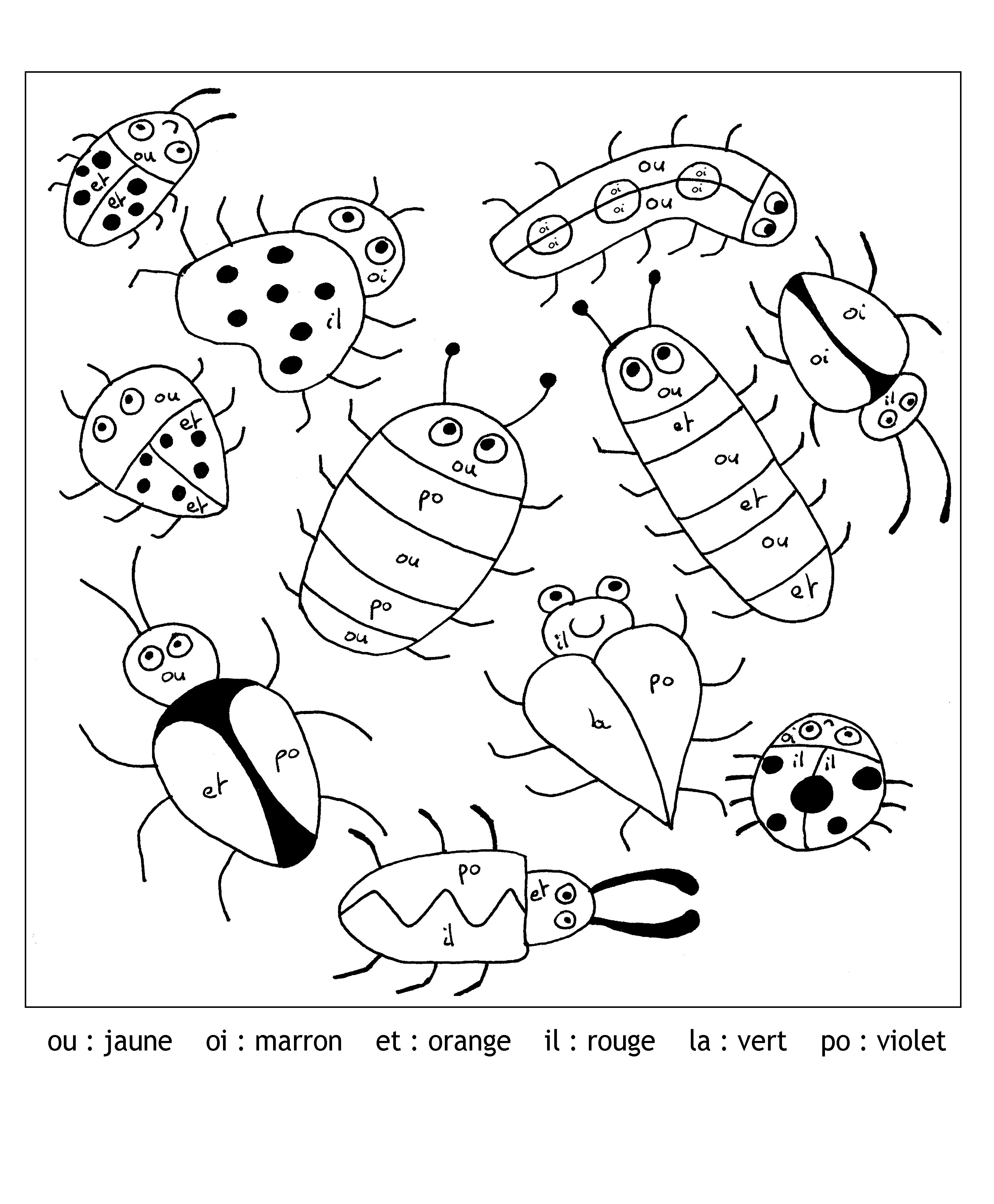 Magic Coloring coloring page with few details for kids : Insects & syllables