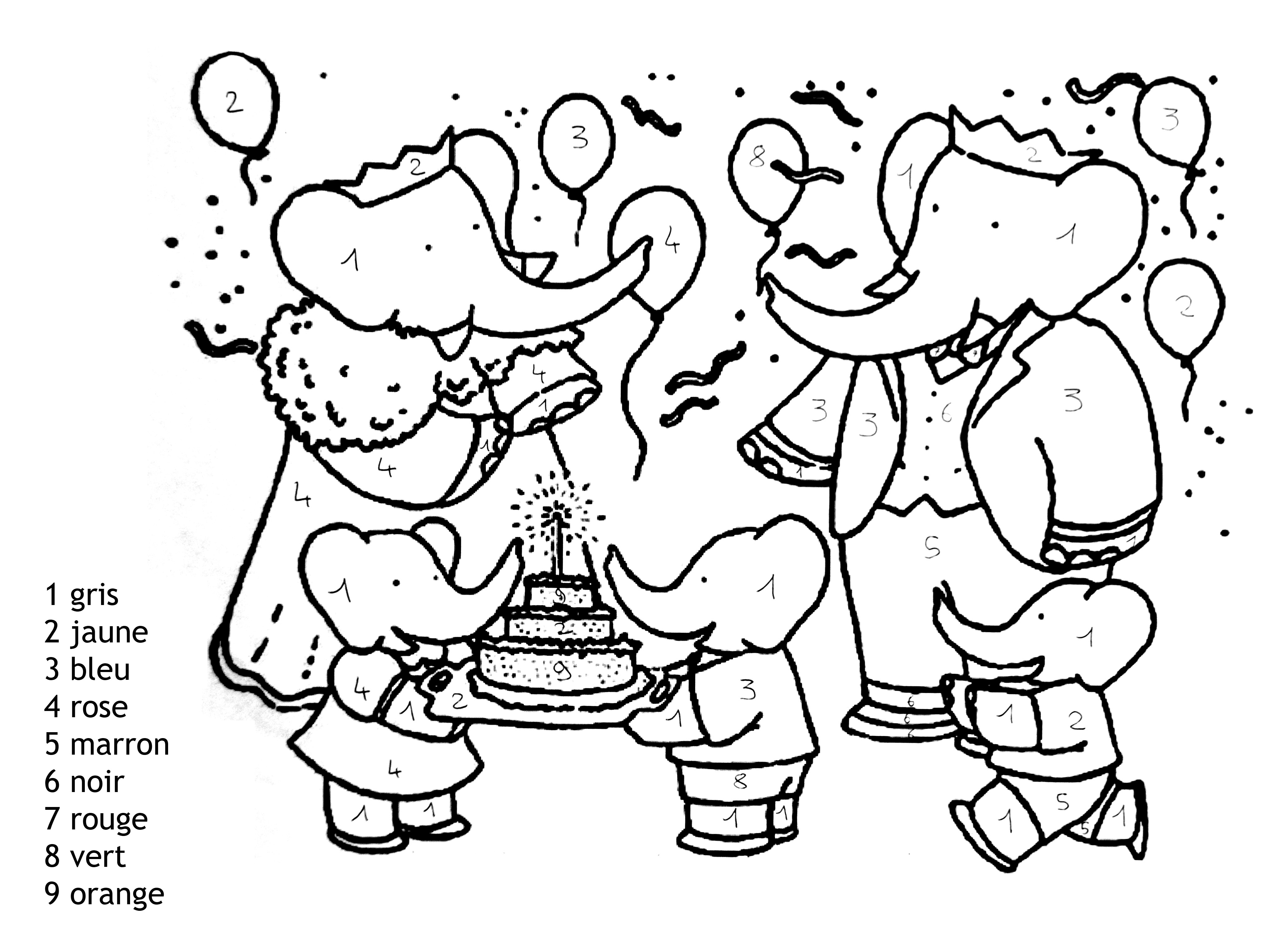Magic Coloring coloring page to print and color : Babar and his elephant family