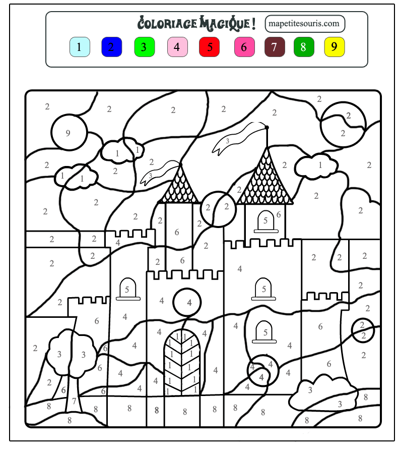 Magic coloring page with a fairytale castle