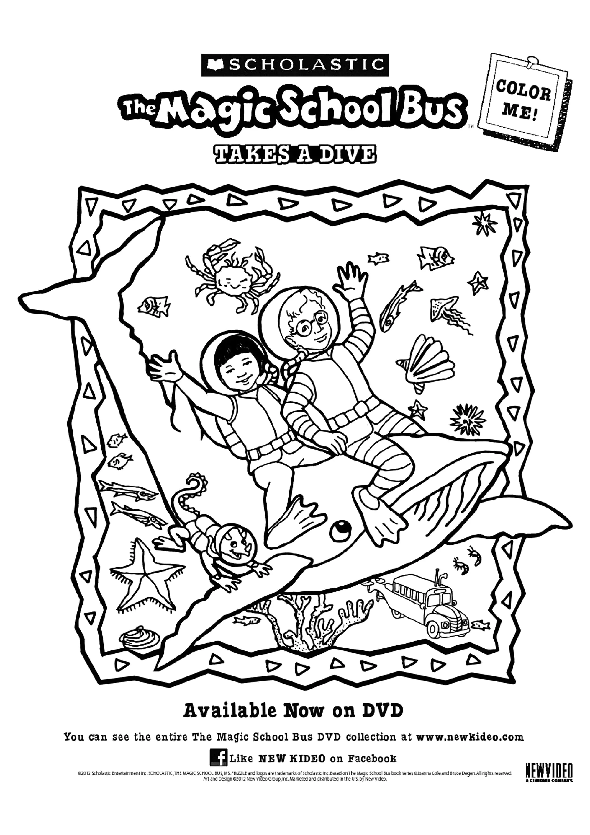 With a shark (Printable Magic School Bus Coloring Page for Kids)