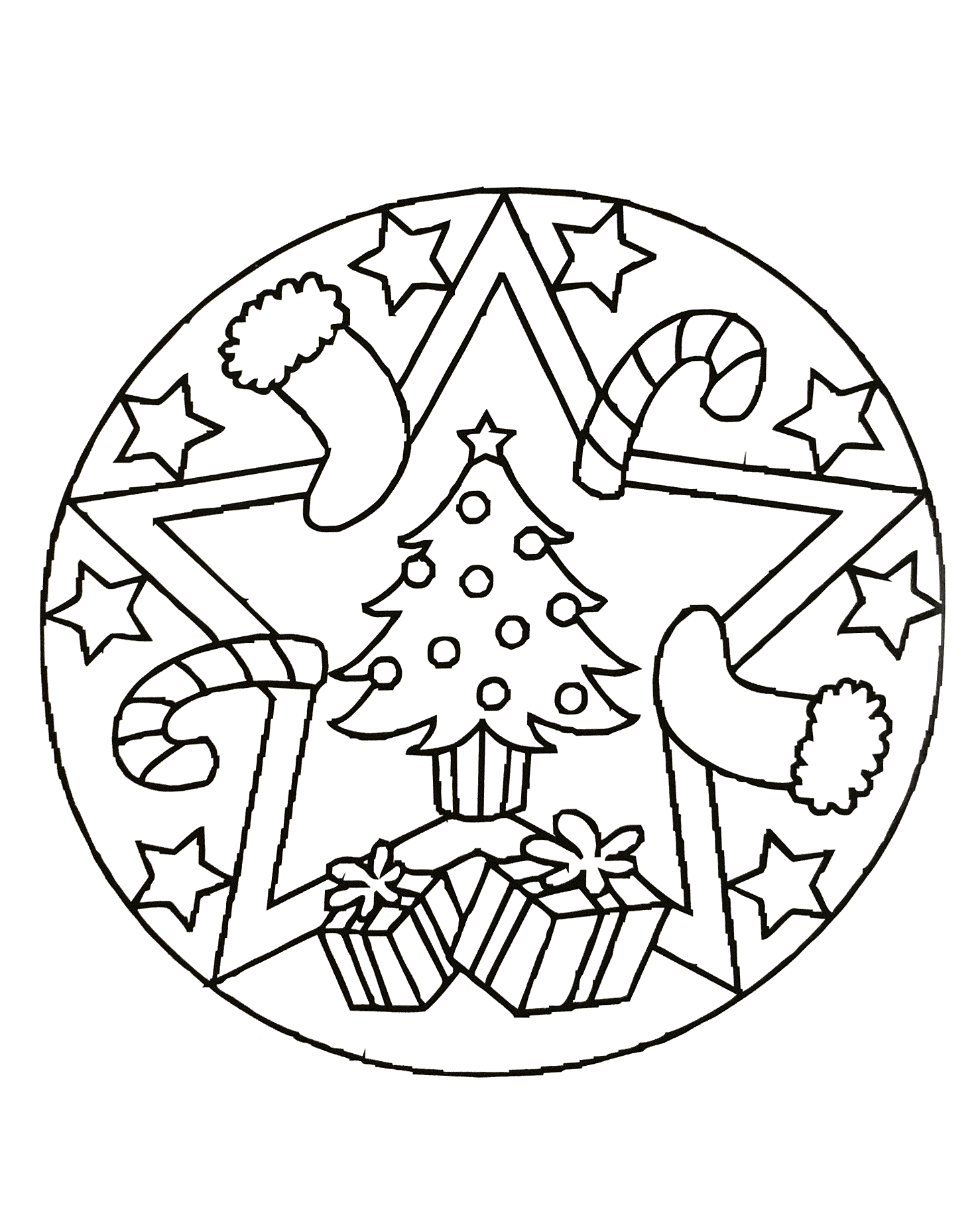 Christmas Mandala with tree and gifts (Printable Coloring Page for Kids)