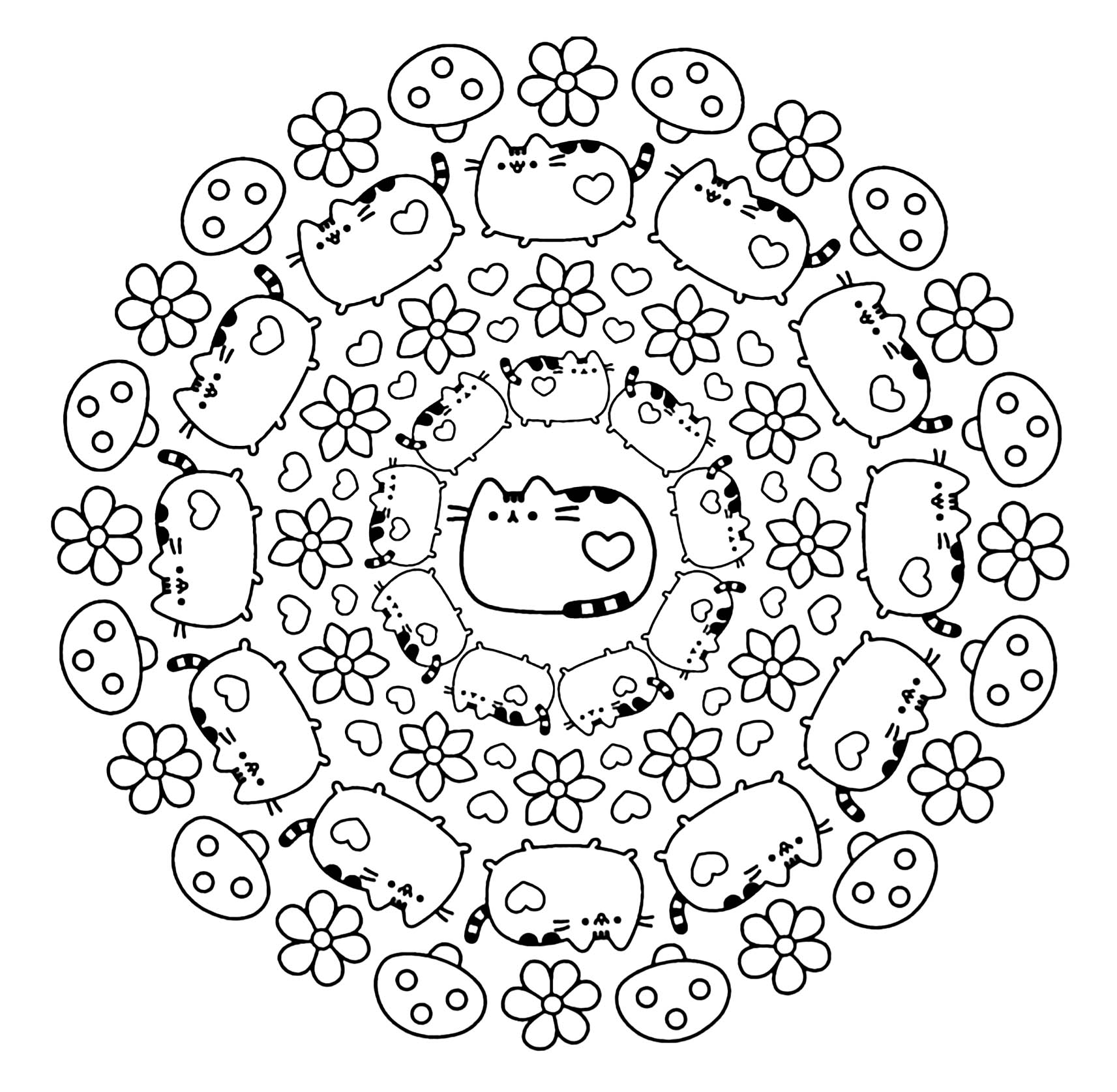 A Mandala with the cat Pusheen, very cute and Kawaii!