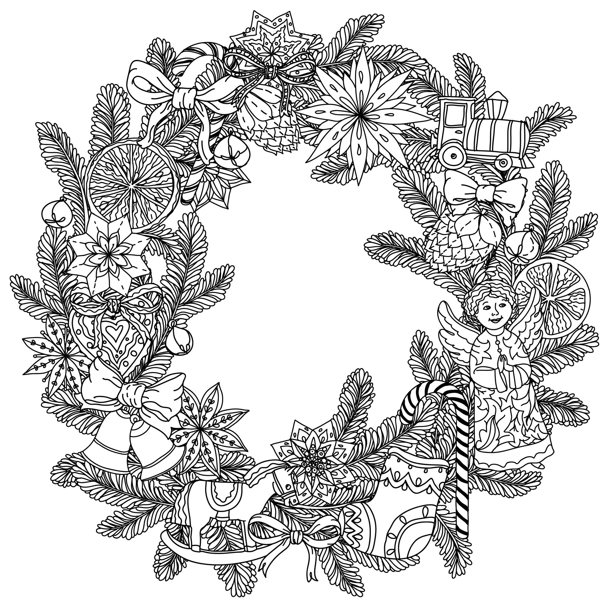 49525223 - christmas wreath with decorative items, black and white. the best for your design, textiles, posters, coloring book