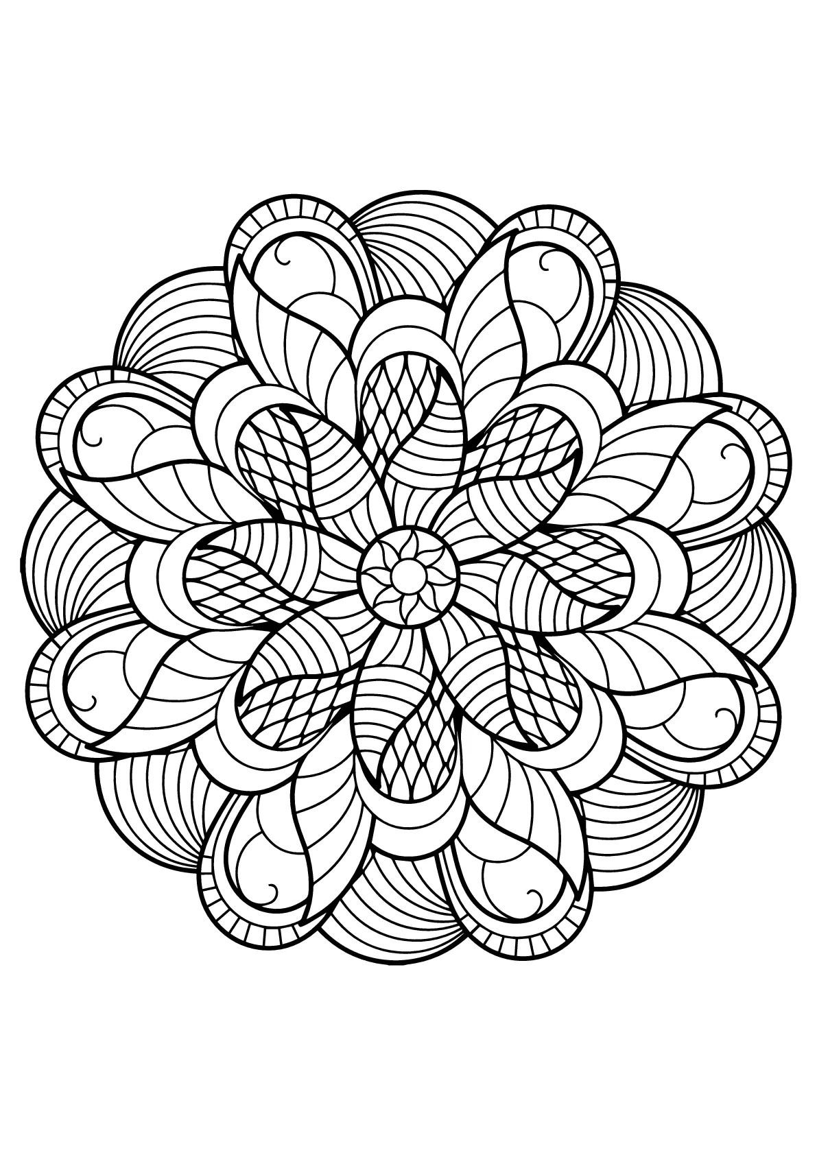 Hypnotic mandala of rounded shapes (Printable Coloring Page for Kids)