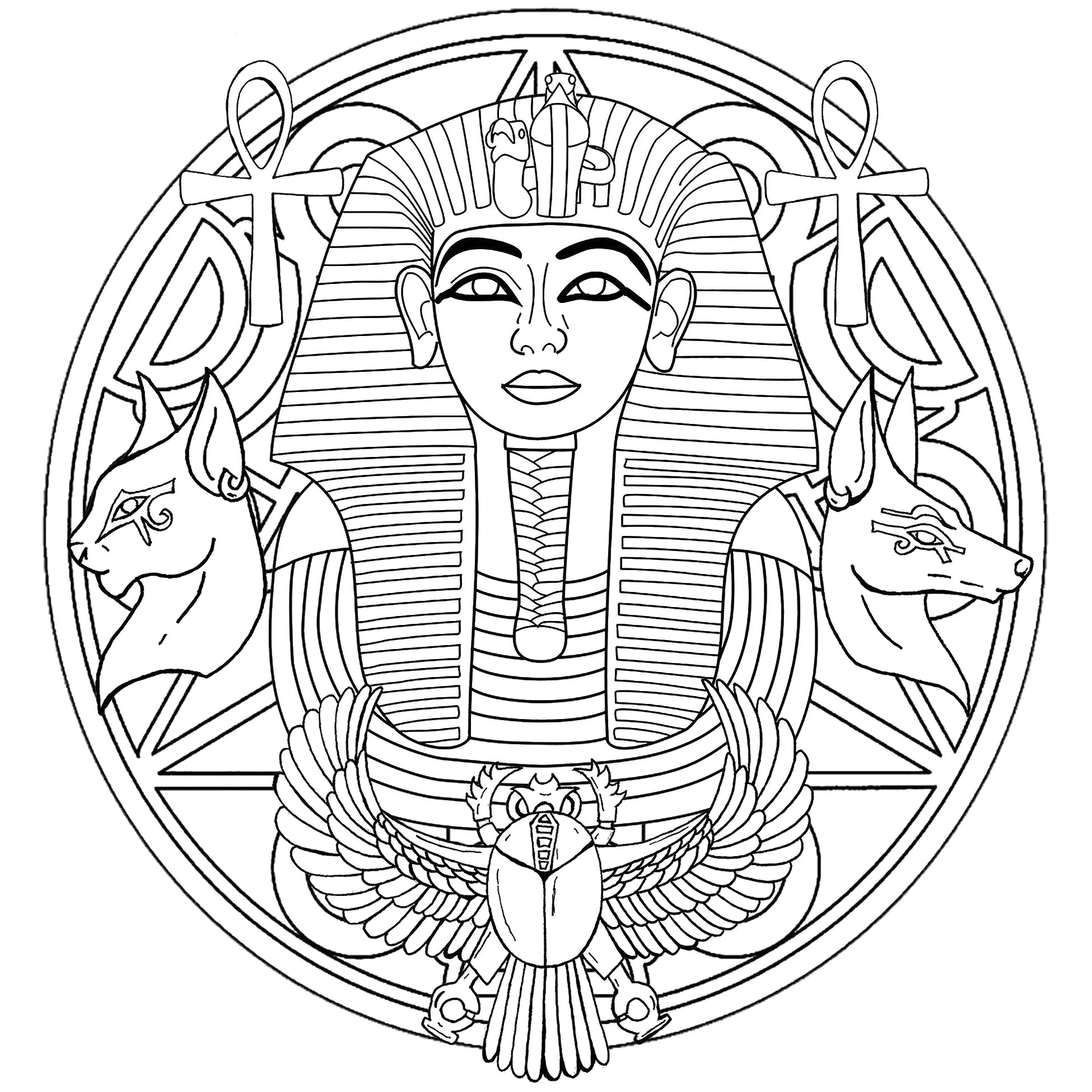 Easy Mandala Tutankhamun (Printable Coloring Page for Kids)