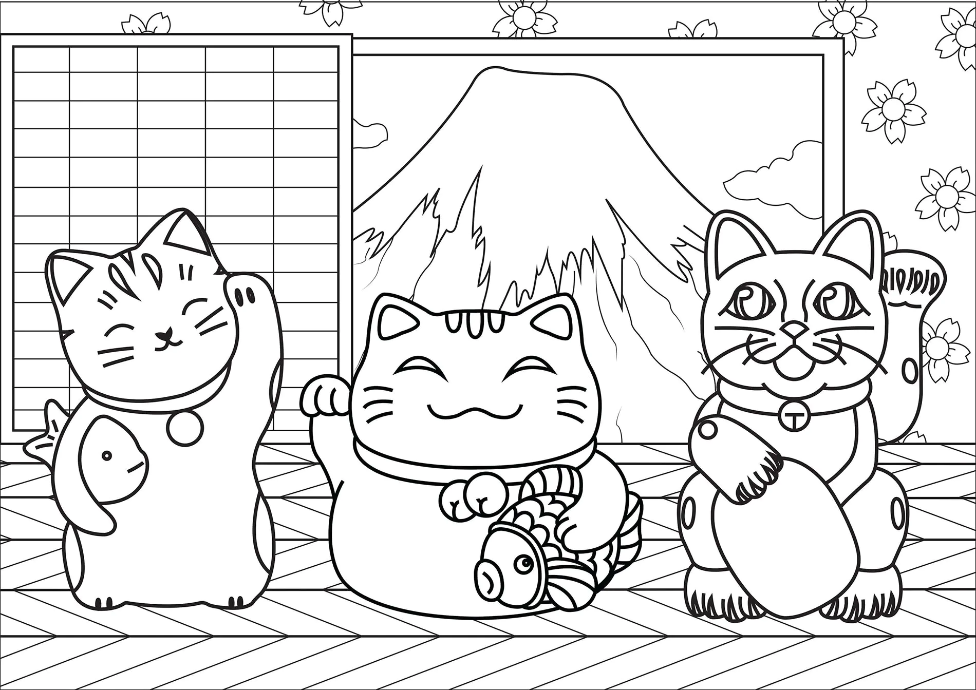 3 cats Maneki Neko: simple version (Printable Coloring Page for Kids)