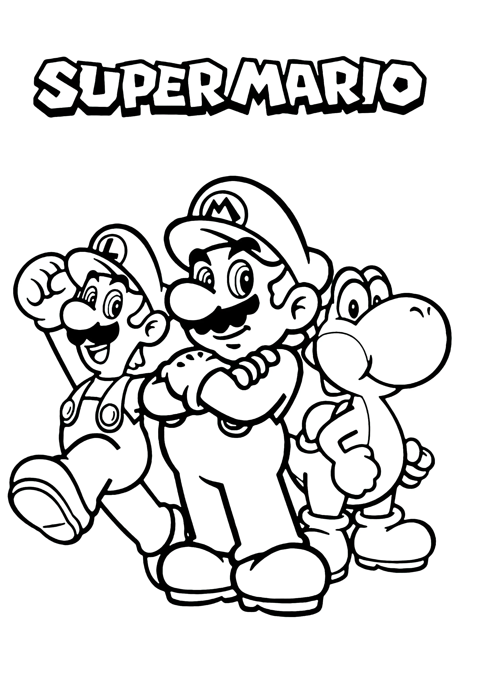 Mario, Luigi and Yoshi with SUPER MARIO logo (Printable Super Mario Bros. Coloring Page for Kids)