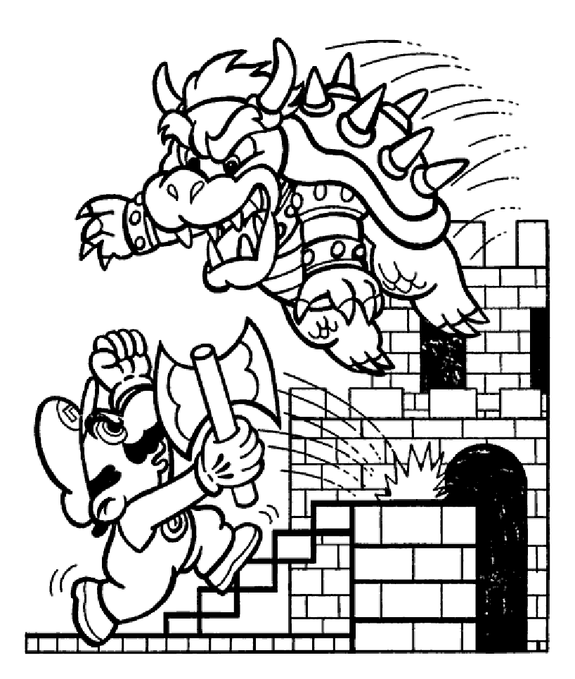 Funny Mario Bros coloring page : Mario and Bowzer