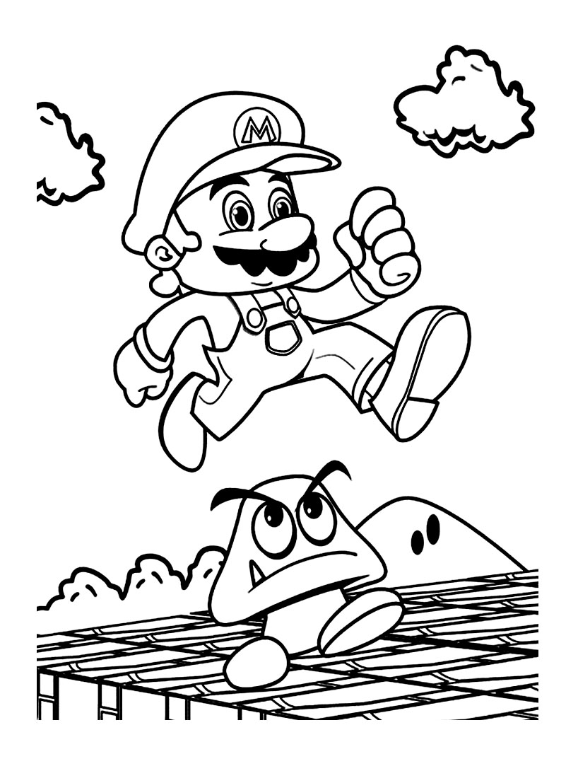 Mario Bros coloring page with few details for kids : Mario