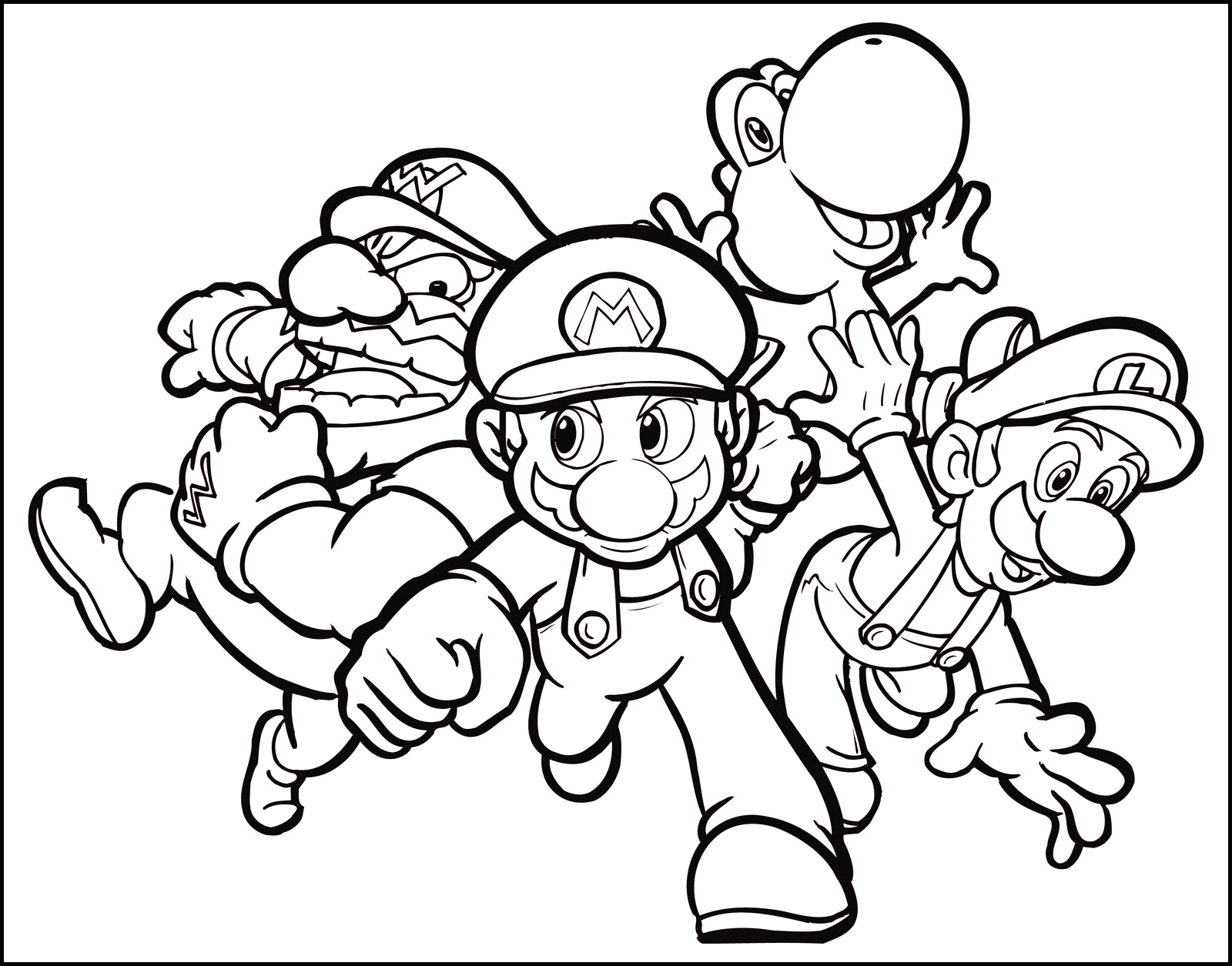 Simple Mario Bros coloring page to download for free : Mario , Luigi , Wario and Yoshi