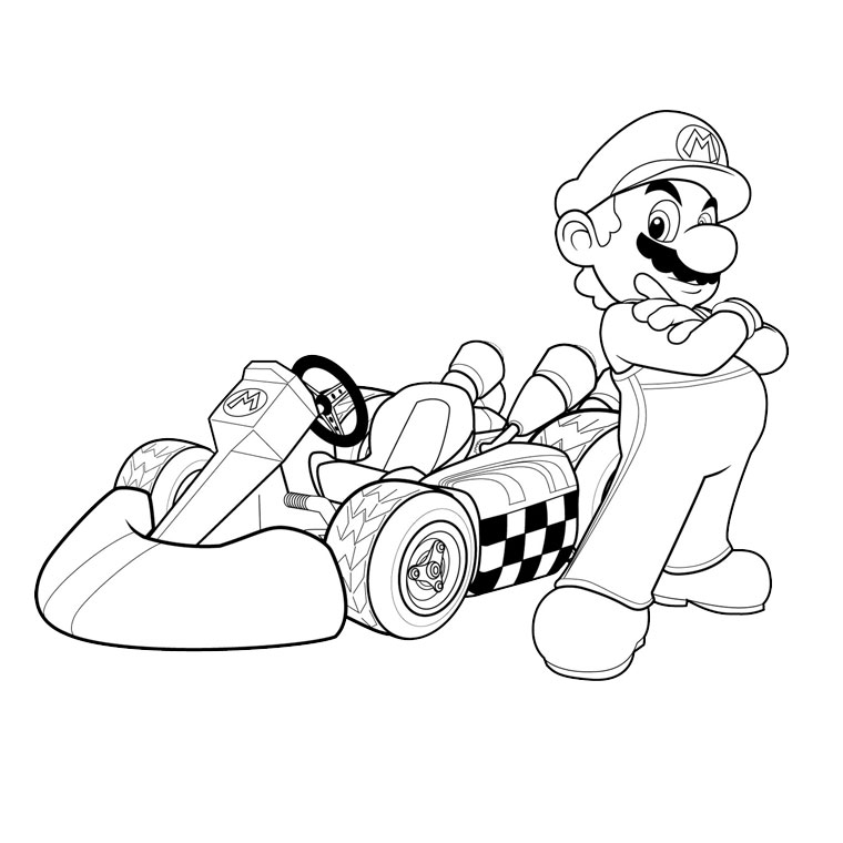 Funny free Mario Bros coloring page to print and color : Mario with cart