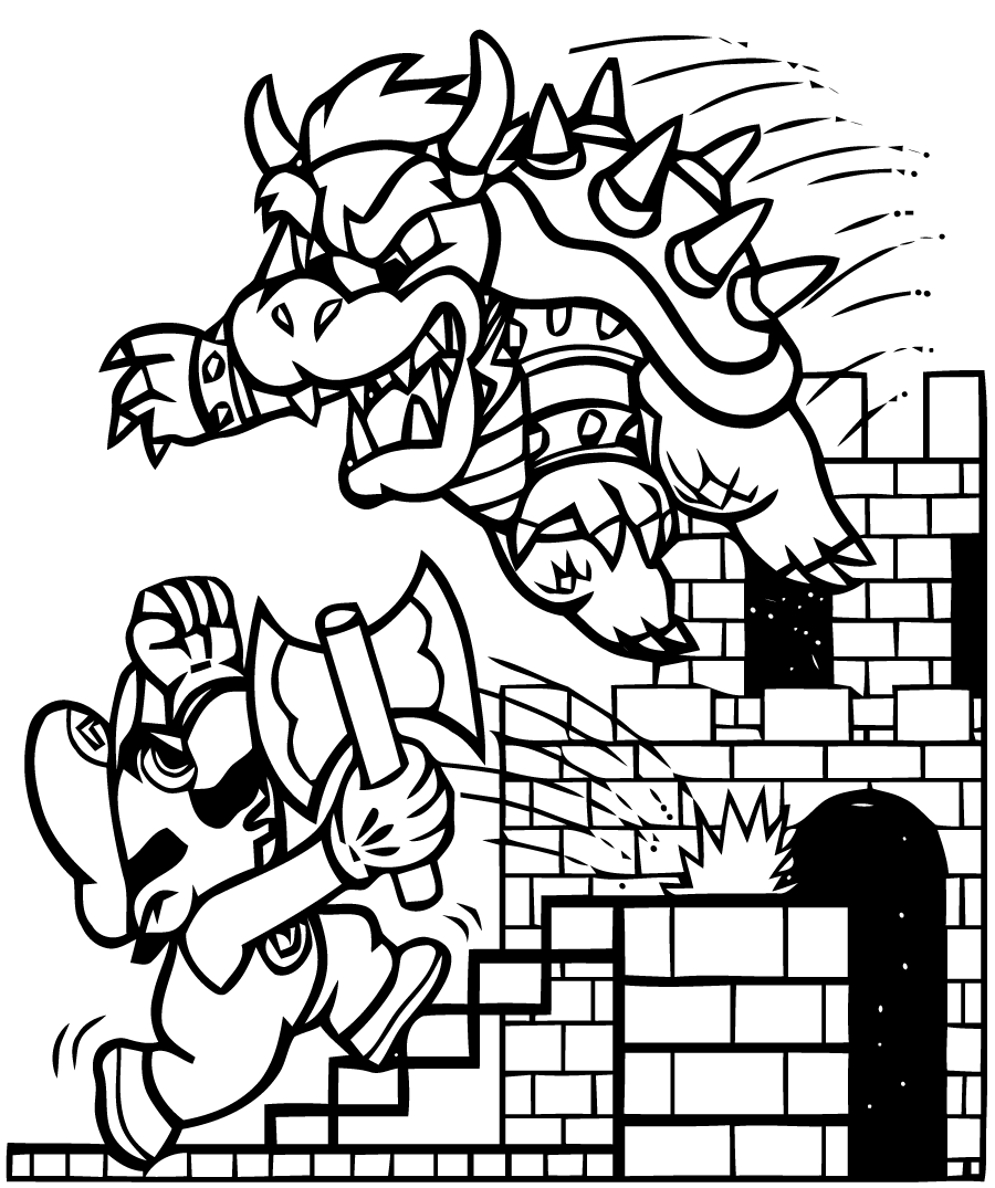Funny Mario Bros coloring page for kids : Mario with bowzer
