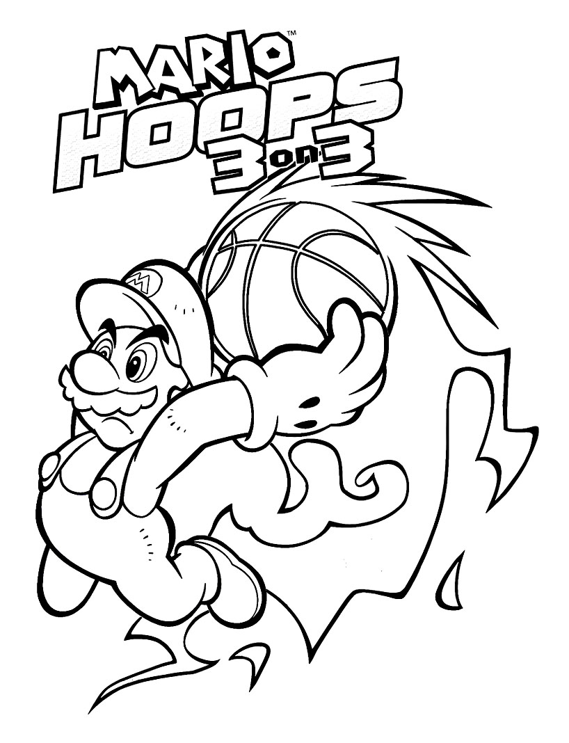 Mario Bros coloring page with few details for kids : Mario basketball
