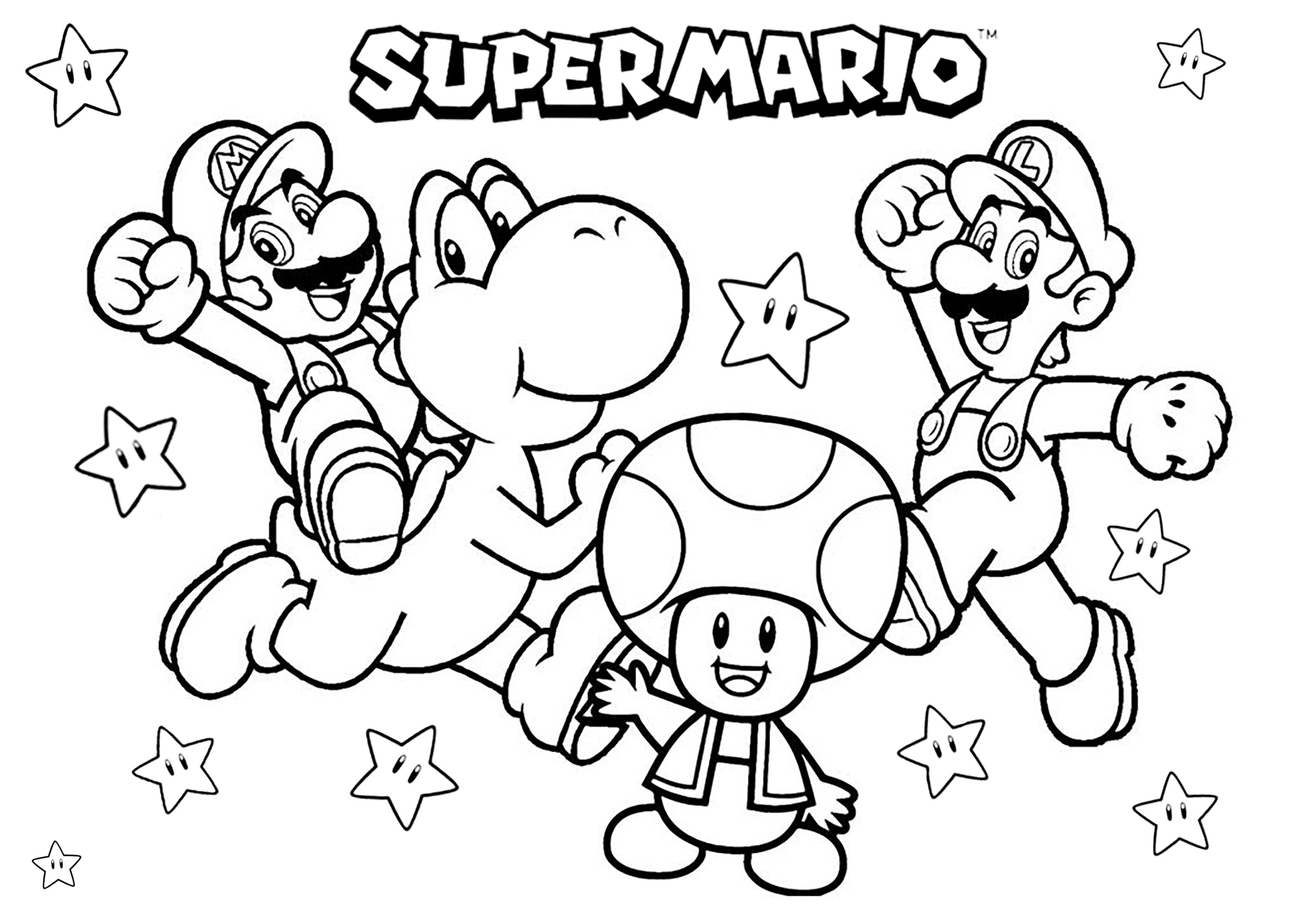 Mario, Luigi, Yoshi and Toad with many stars. A coloring page with some of the main characters of Super Mario Bros: The brothers Mario and Luigi, the dinosaur Yoshi and the mushroom Toad!
