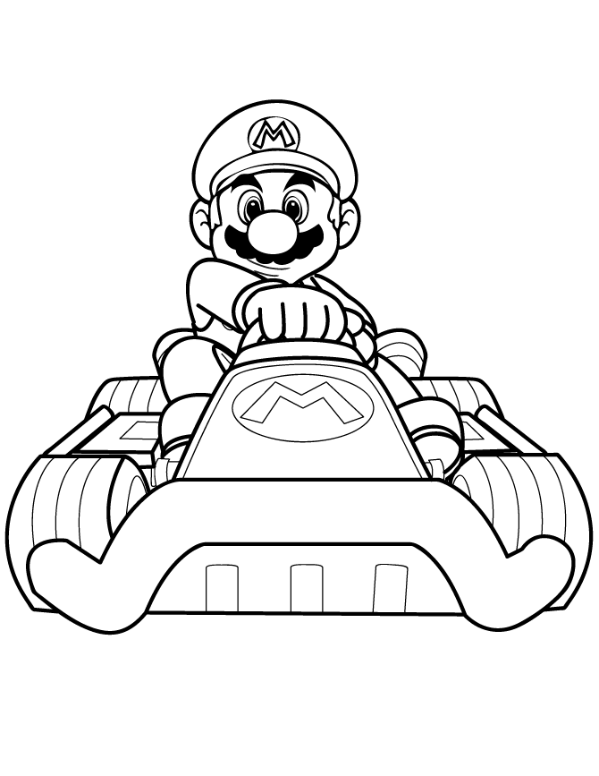 Mario in his kart seen from the front