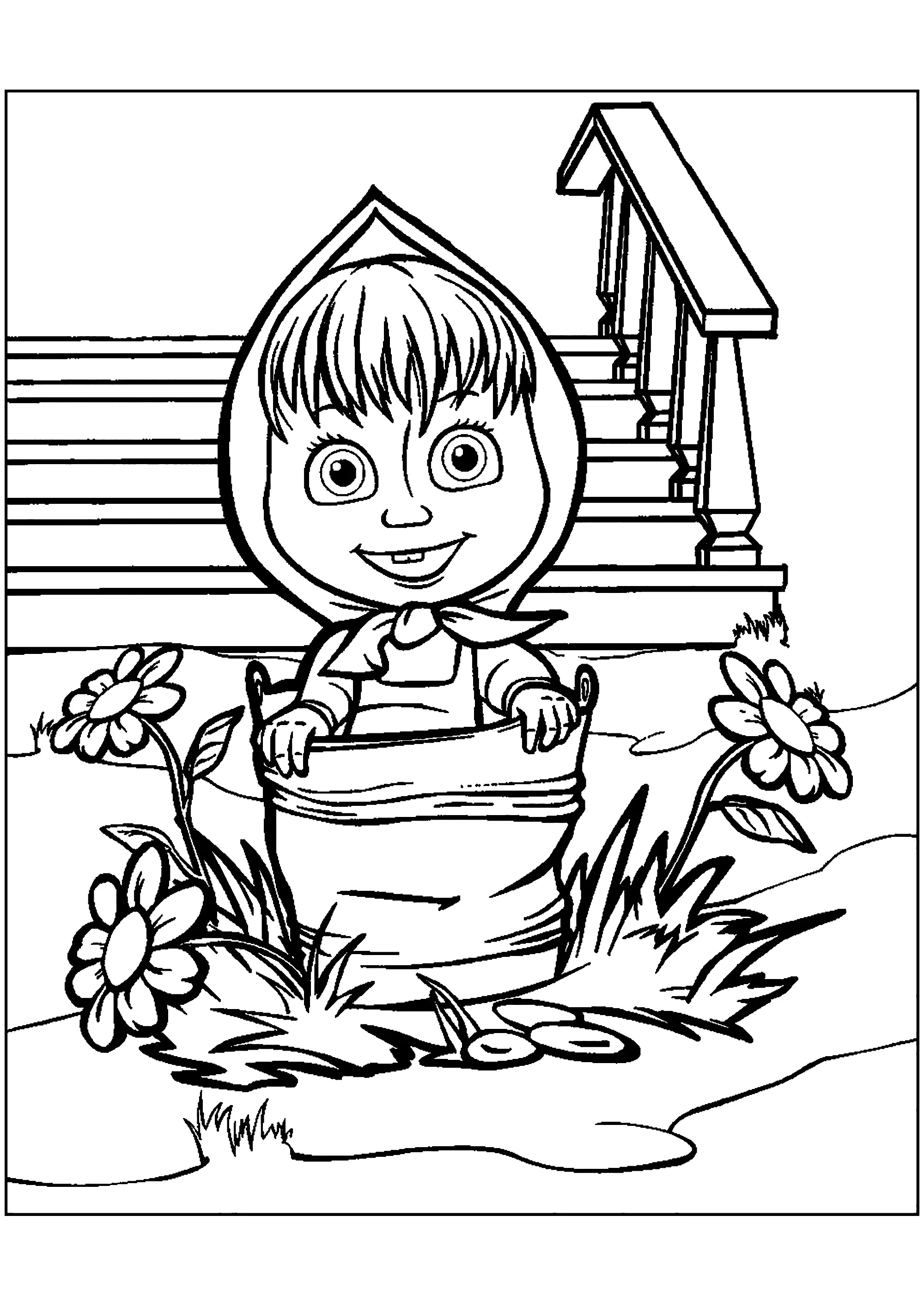 Masha in a bucket of water (Printable Masha and The Bear Coloring Page for Kids)