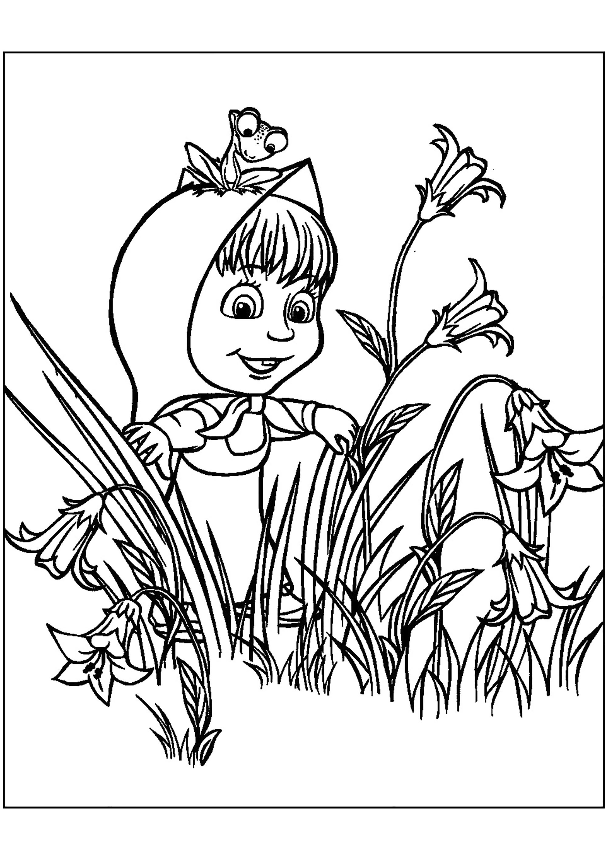 Masha explores a field of flowers - Masha and The Bear Coloring Pages