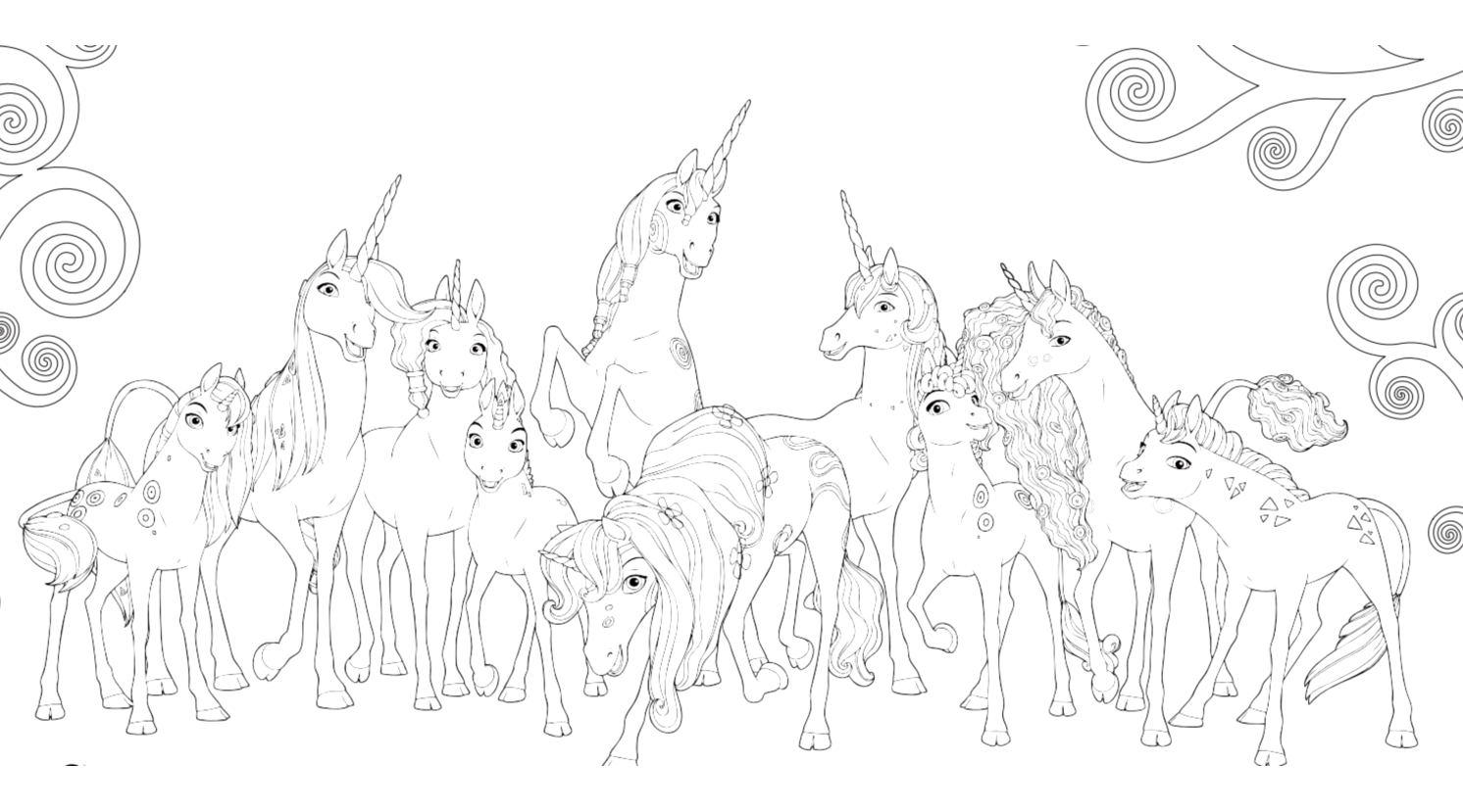 A coloring page full of unicorns straight out of Mia and me!