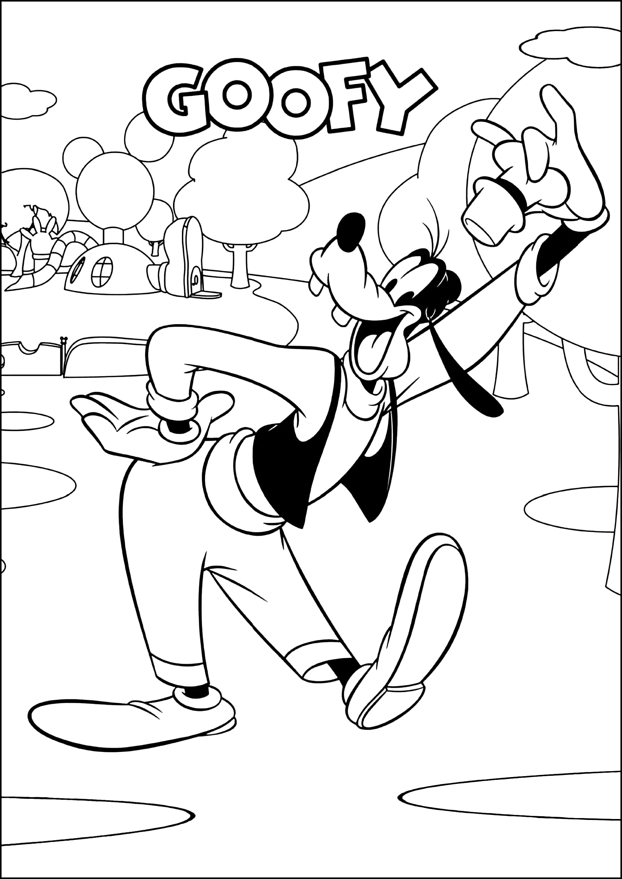 Goofy in front of Mickey's house (Printable Mickey Mouse Clubhouse Coloring Page for Kids)