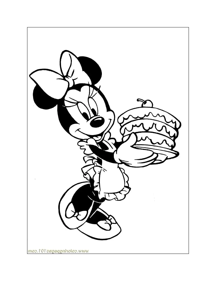 Minnie Mouse brings a cake (Printable Coloring Page for Kids)