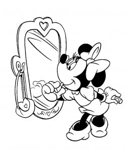 Minnie Mouse looks at herself in the mirror