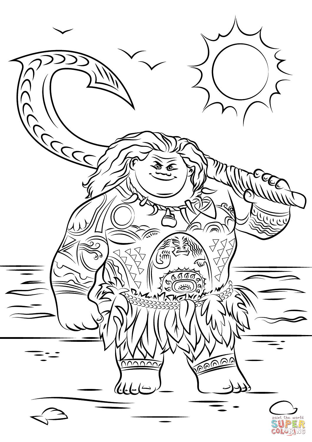 Free Moana coloring page to print and color : Chief Tui with sea and sun in background