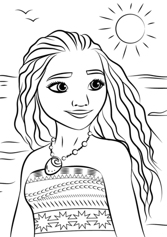 Moana coloring page to print and color for free : Moana with sea and sun in background