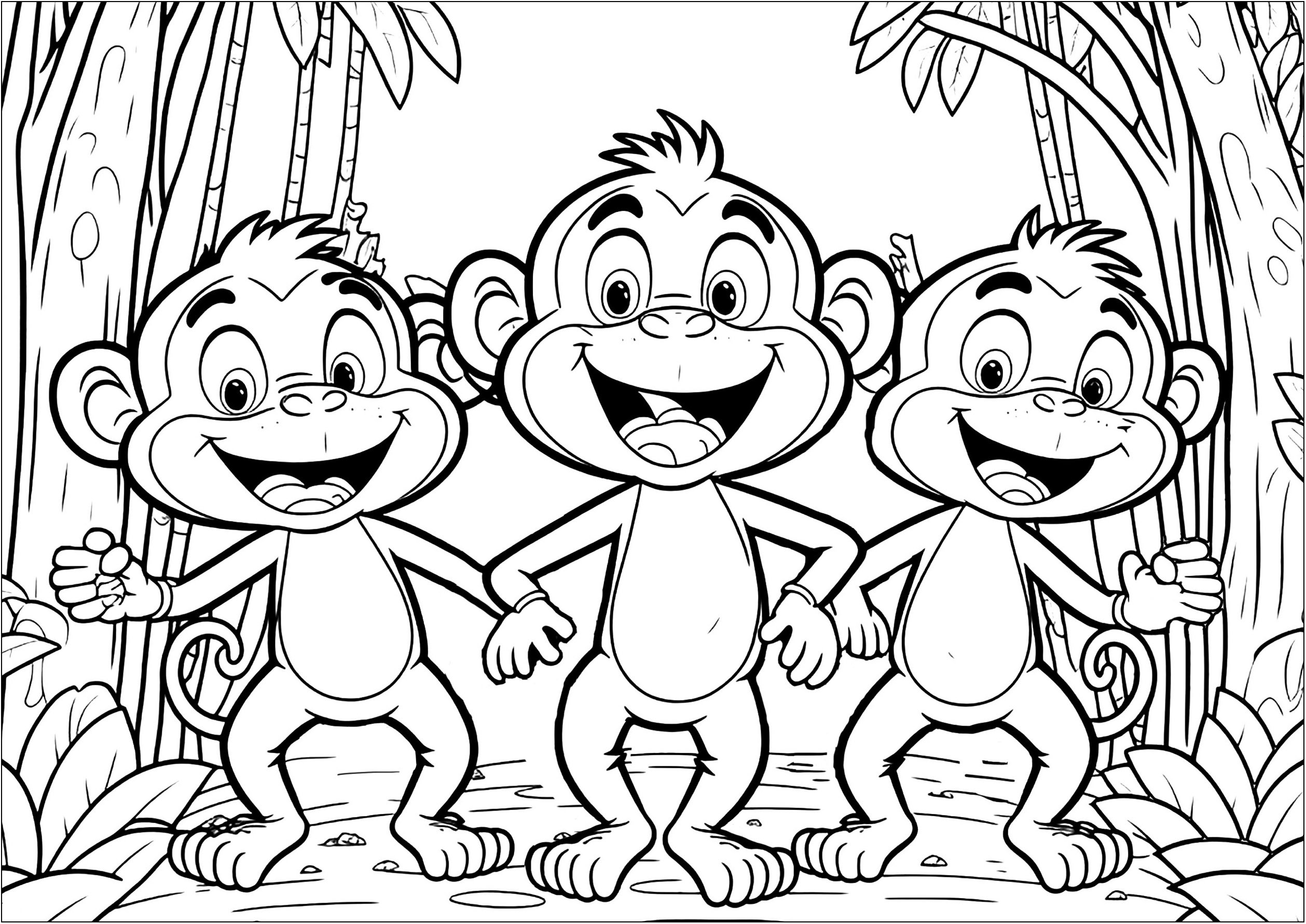 Three funny monkeys - Monkeys Kids Coloring Pages Three funny monkeys - Monkeys Kids Coloring Pages