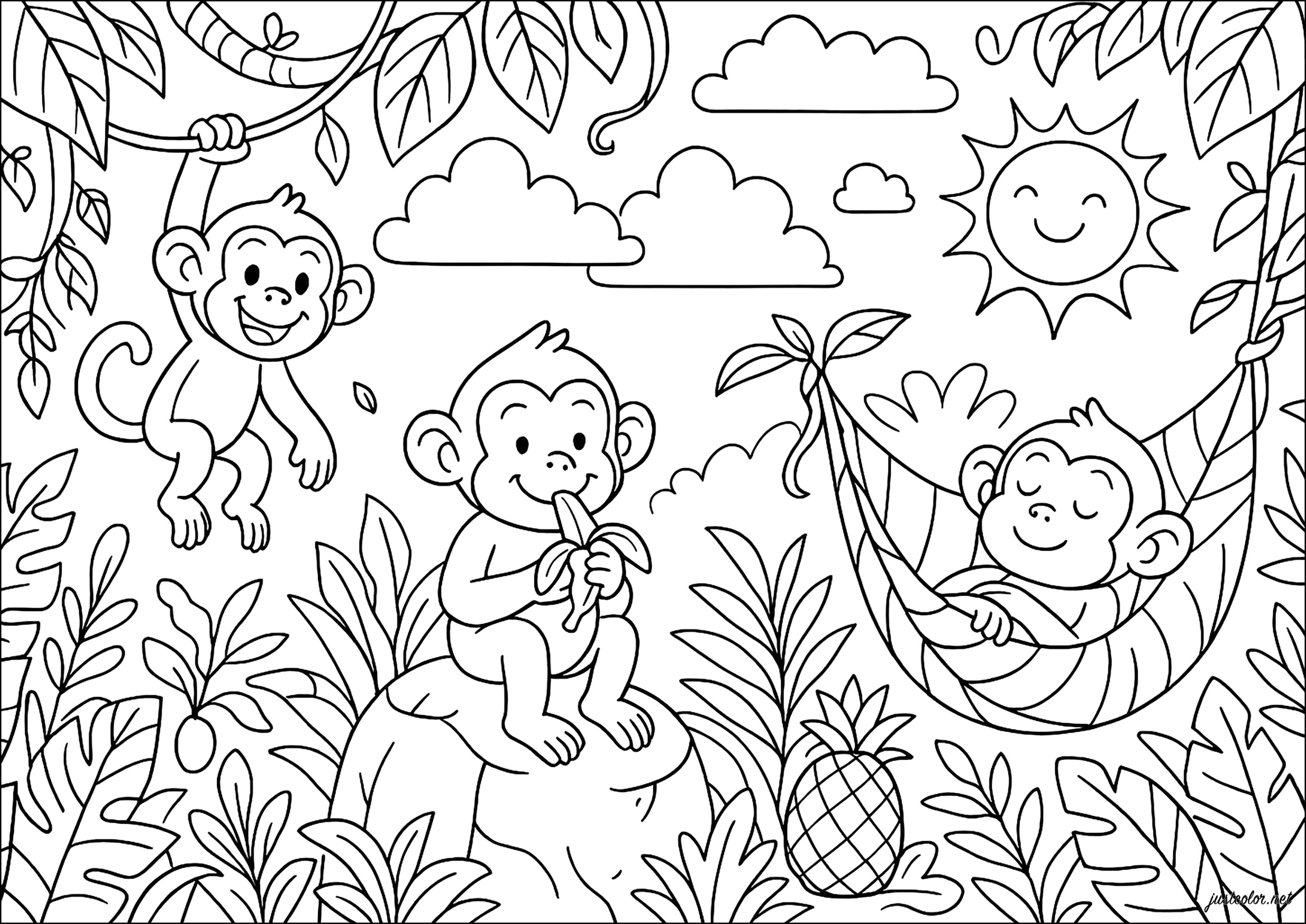 Three mischievous monkeys in the jungle (Printable Coloring Page for Kids)