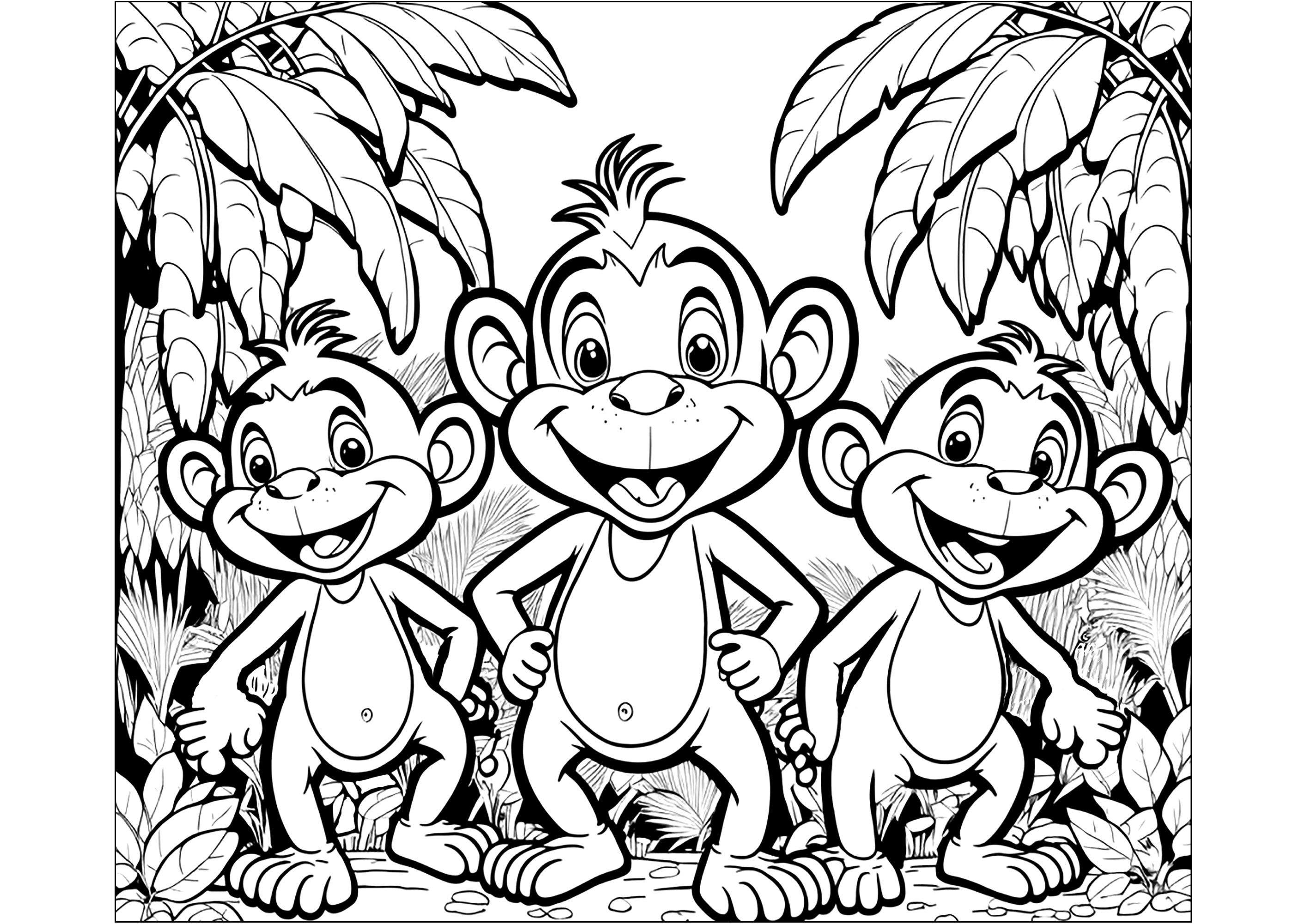 Coloring of three young monkeys in the jungle. This coloring page is perfect for children who love animals and nature. It shows three young monkeys having fun in the jungle. This coloring page is perfect for developing their imagination and creativity.