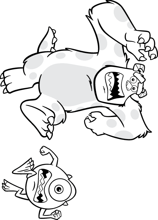 Mike and Sulley are running (Printable Monsters, Inc. Coloring Page for Kids)