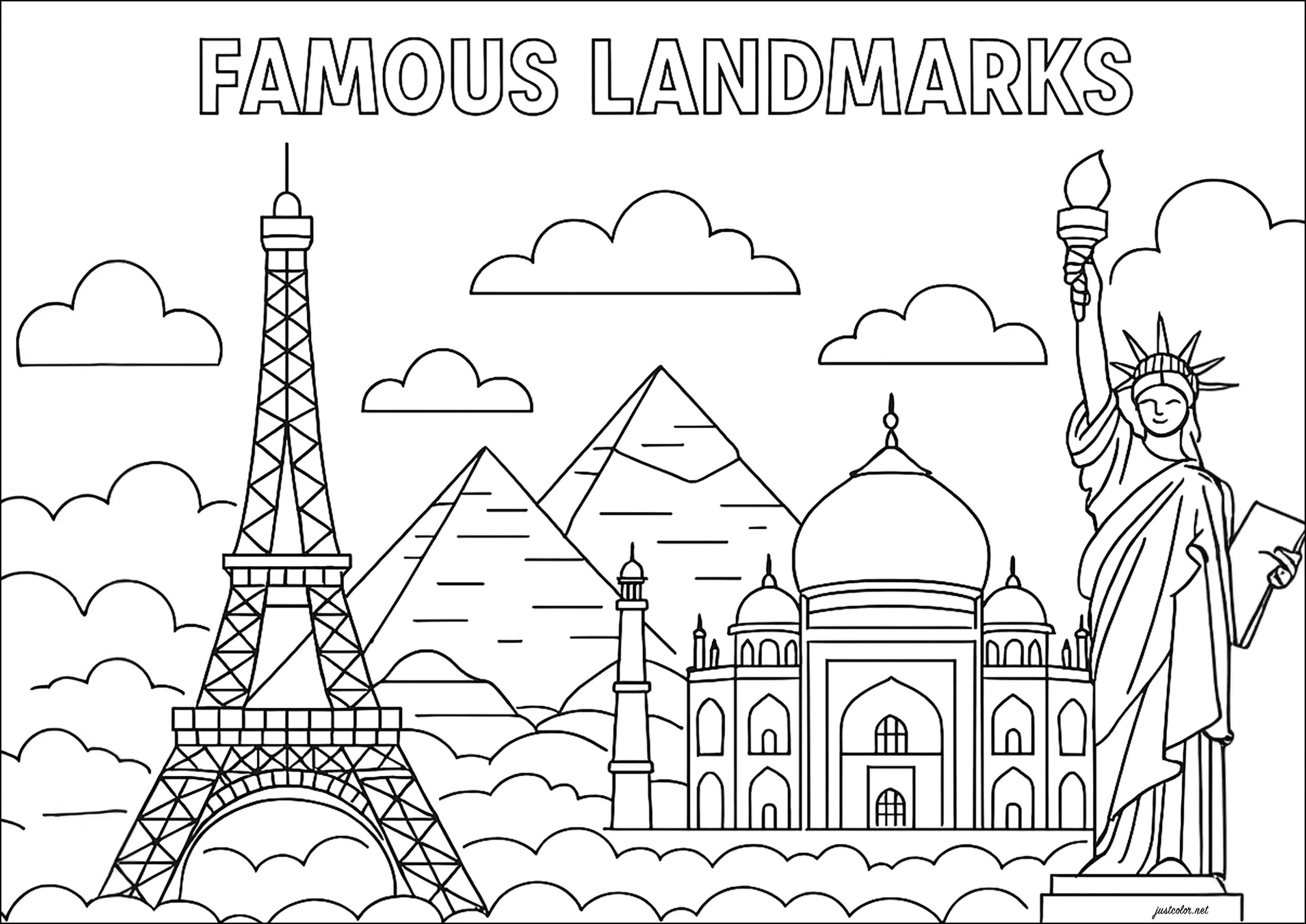 Eiffel Tower, Pyramids of Giza, Taj Mahal and Statue of Liberty. (Printable Famous Monuments Coloring Page for Kids)
