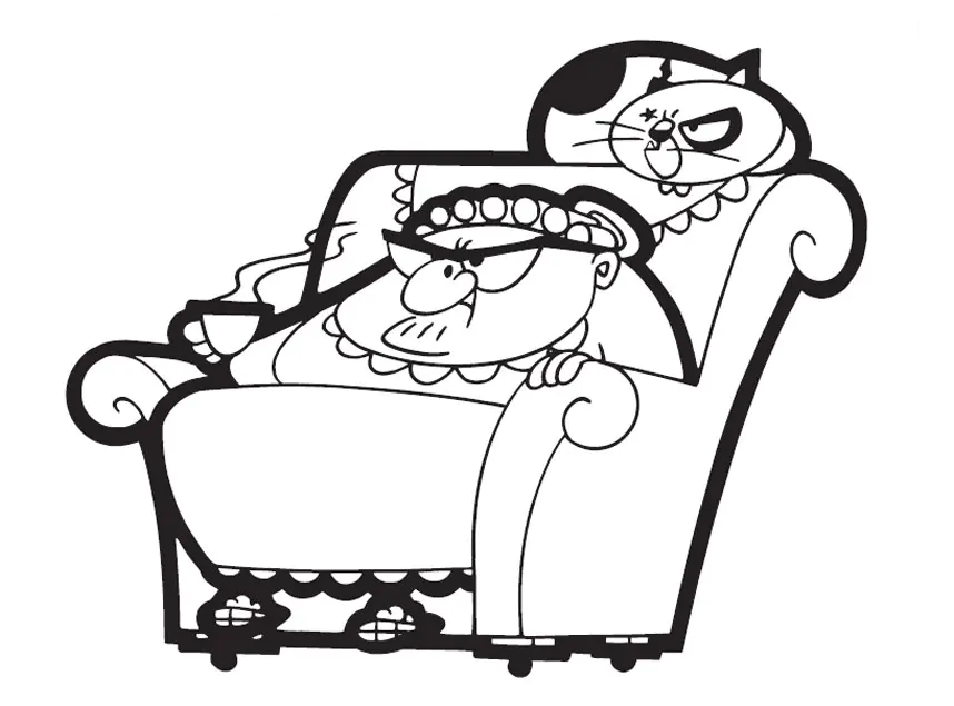 This Grandma with her cat doesn't look very friendly. (Printable Mr Bean Coloring Page for Kids)