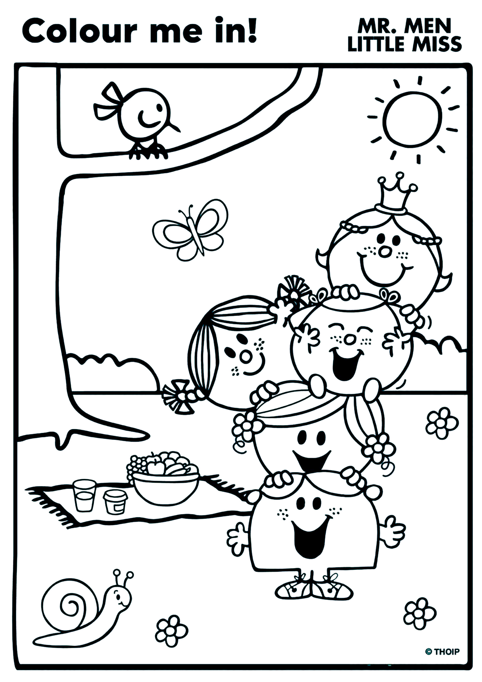 Mr. Men and Little Miss coloring: in the garden. Color the various characters with their unique characters