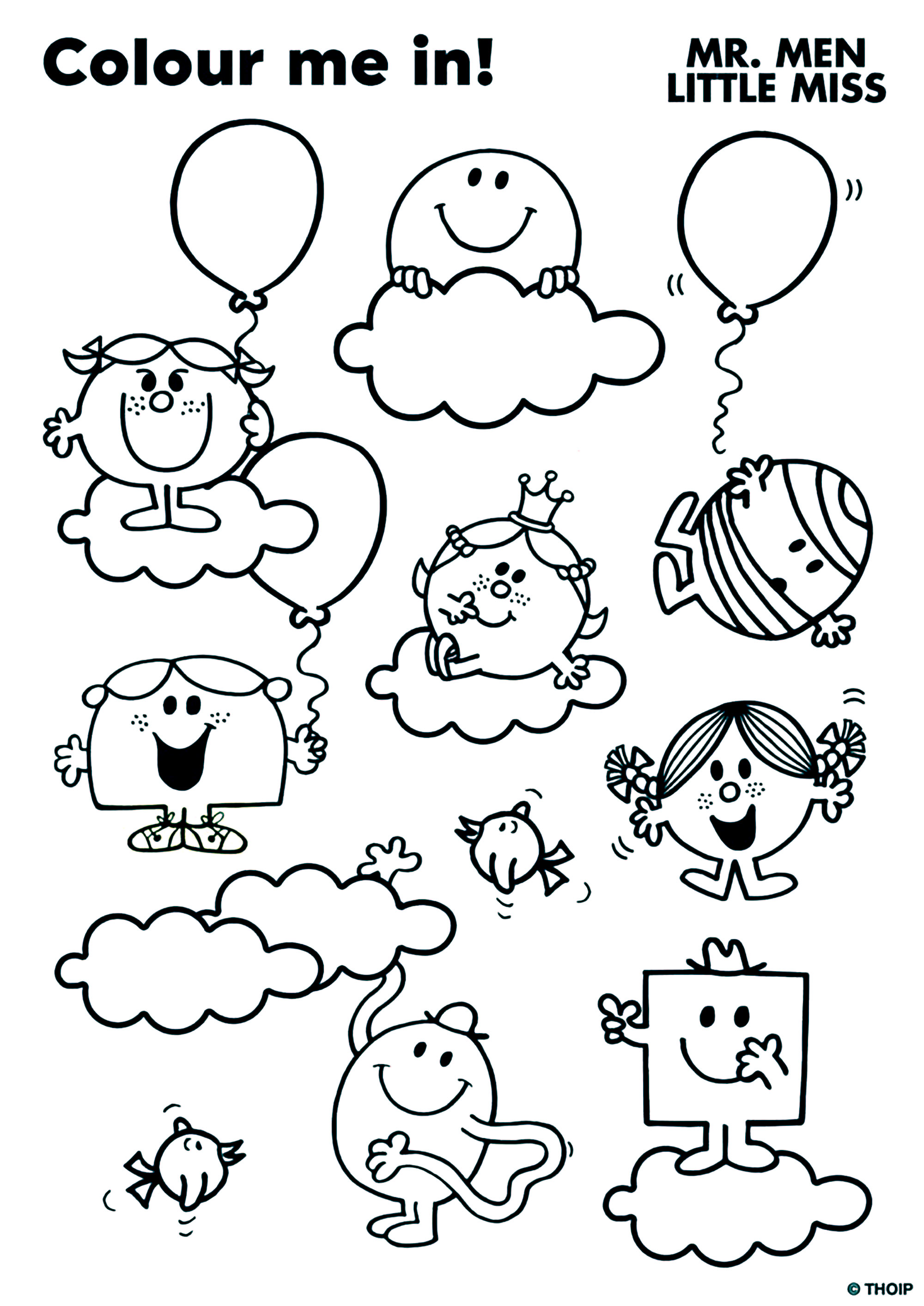 Mr. Men and Little Miss coloring page: in the sky. Color the various characters with their unique personalities