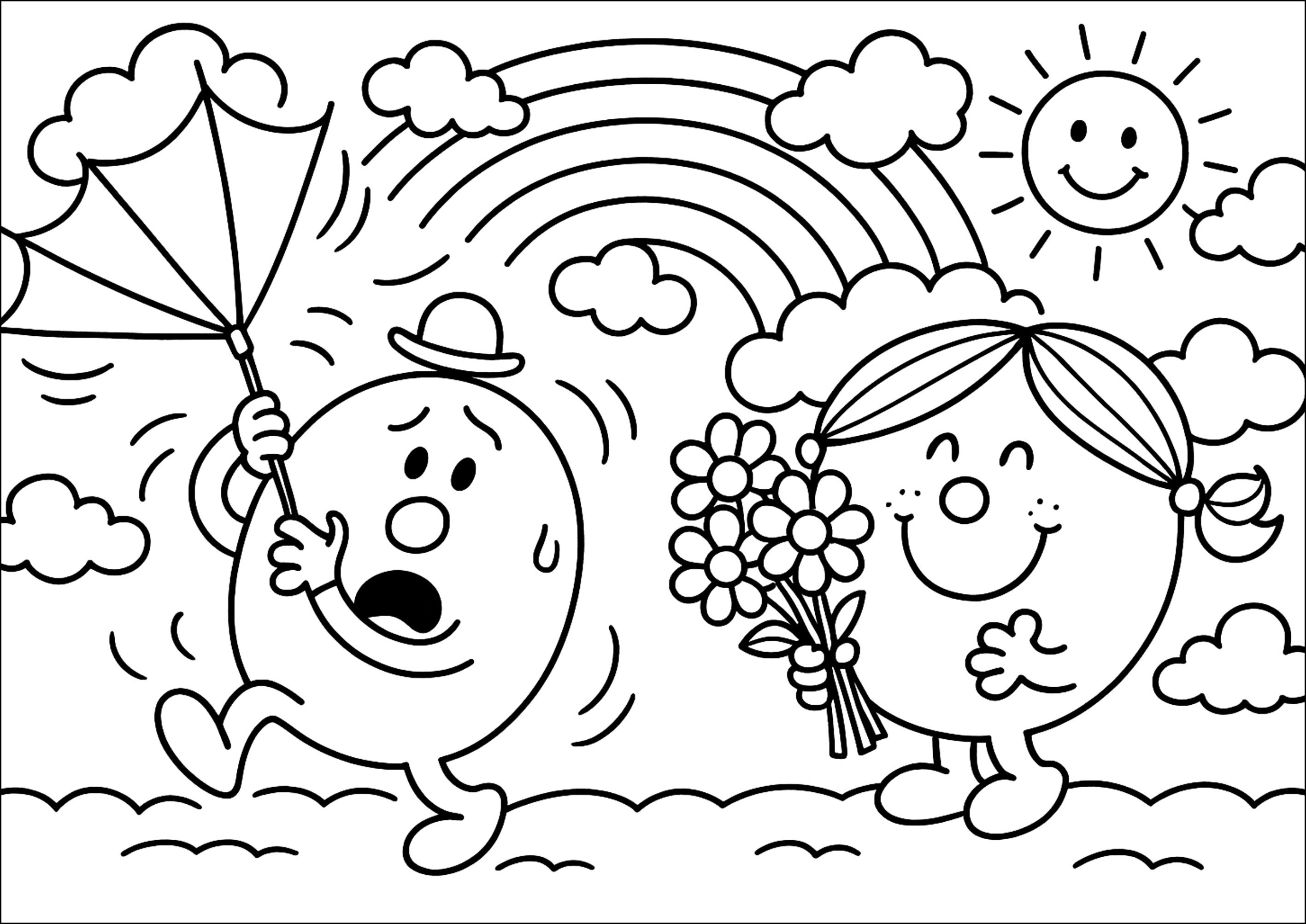 Monsieur Maladroit and Madame Bonheur (Printable Mr. Men and Little Miss Coloring Page for Kids)