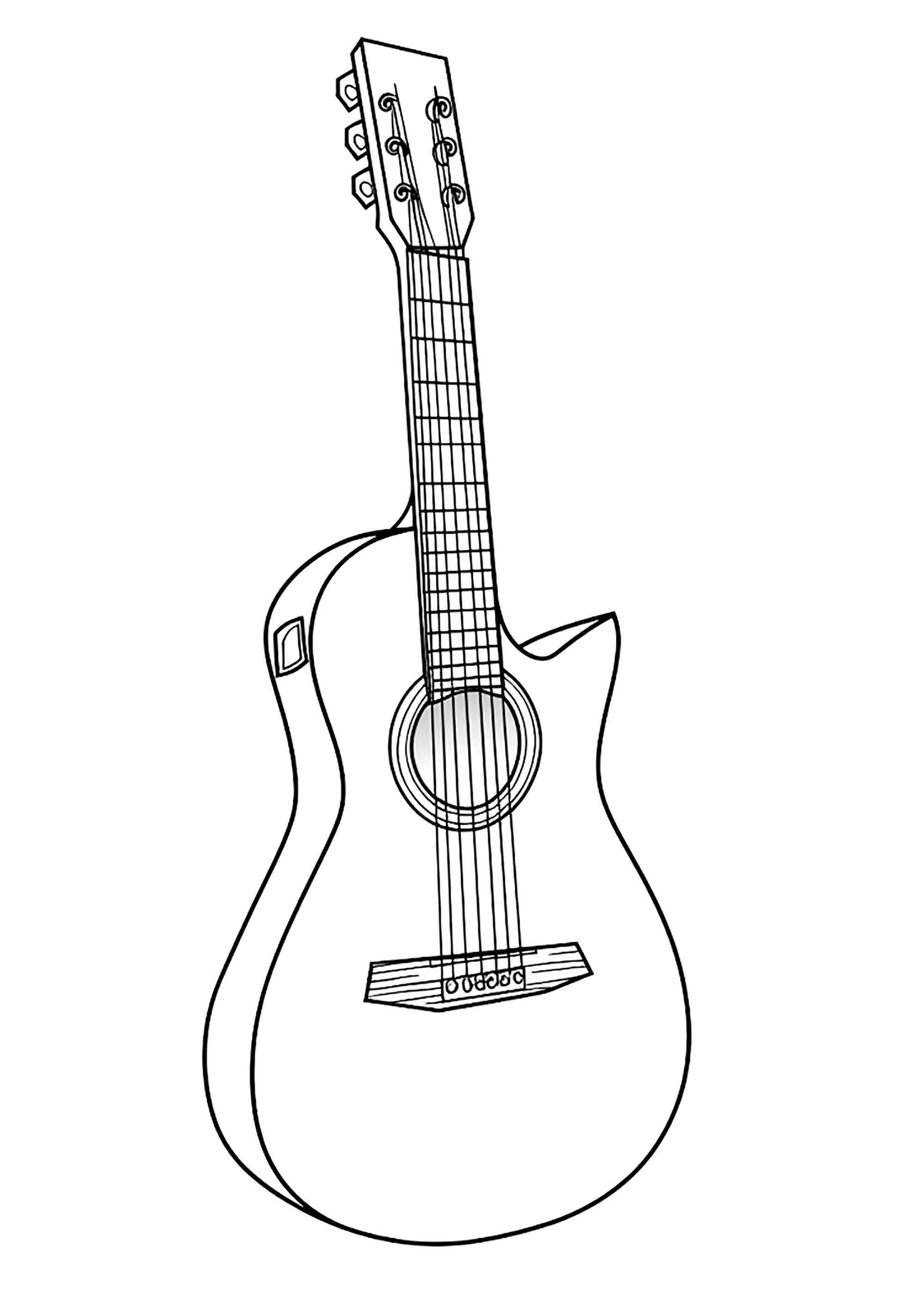 Coloring page of a guitar seen in perspective