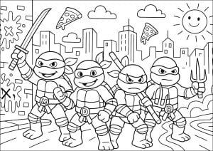 Masked heroes and slices of pizza (Ninja Turtles Coloring Page)