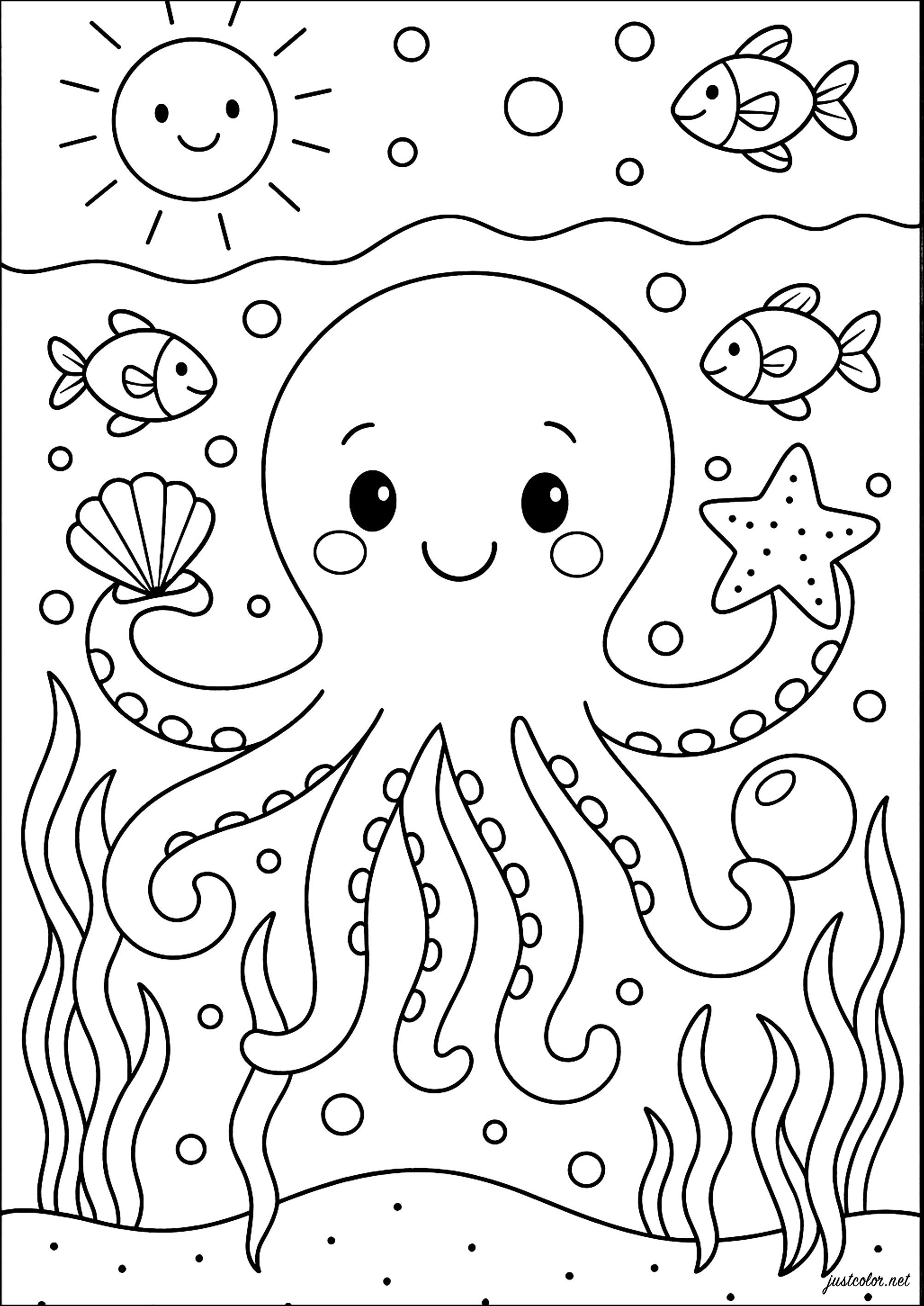 The pretty octopus with starfish and shellfish (Printable Octopuses Coloring Page for Kids)