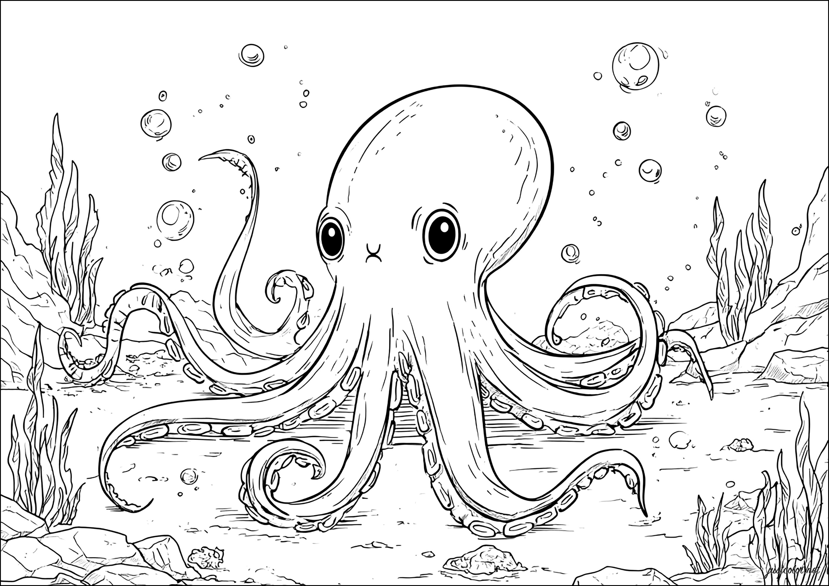 Realistic and complex octopus (Printable Octopuses Coloring Page for Kids)