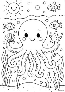 The pretty octopus with starfish and shellfish (Octopuses Coloring Page)