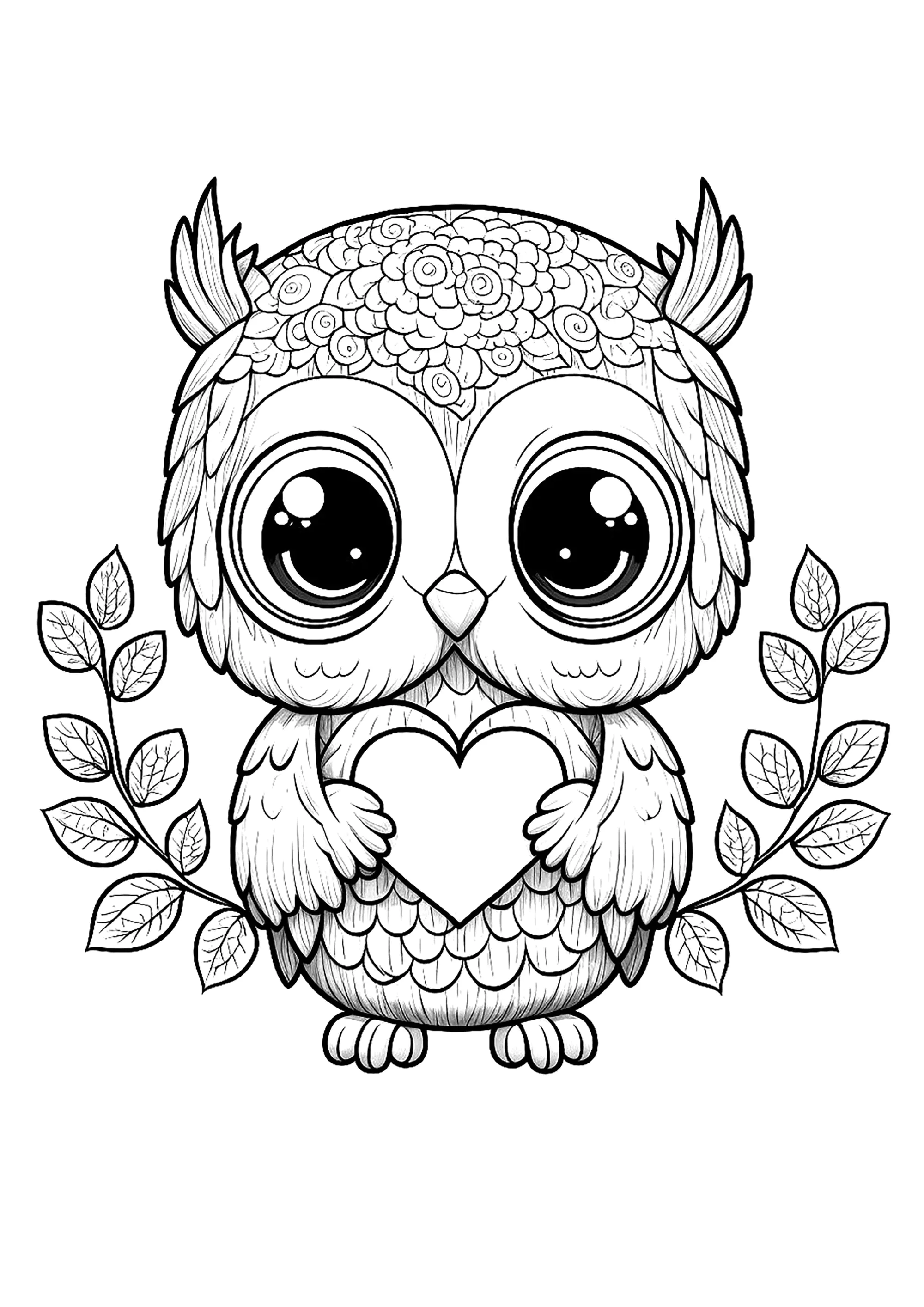 Pretty owl with a heart (Printable Coloring Page for Kids)
