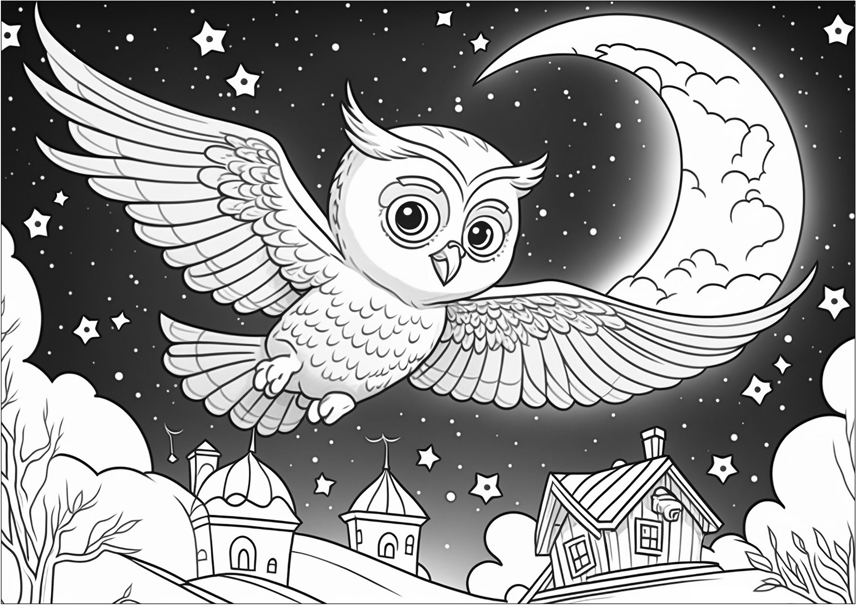 A beautiful coloring with an owl flying over a collage. Lots of stars to color, and fairly simple details for this owl and this beautiful village.